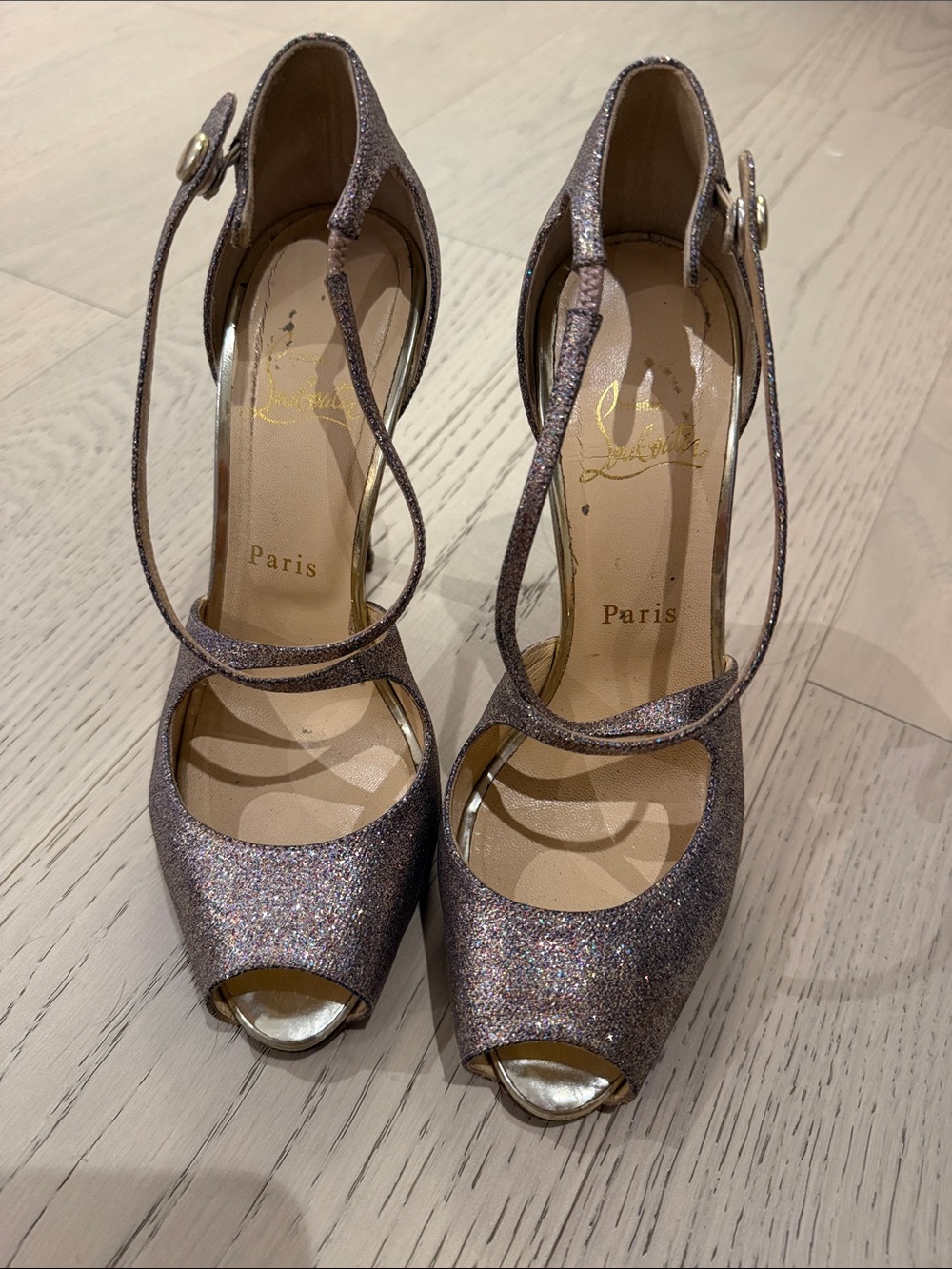 Christian Louboutin Glitter Peep-Toe Ankle-Strap Heels - Pink Lavender